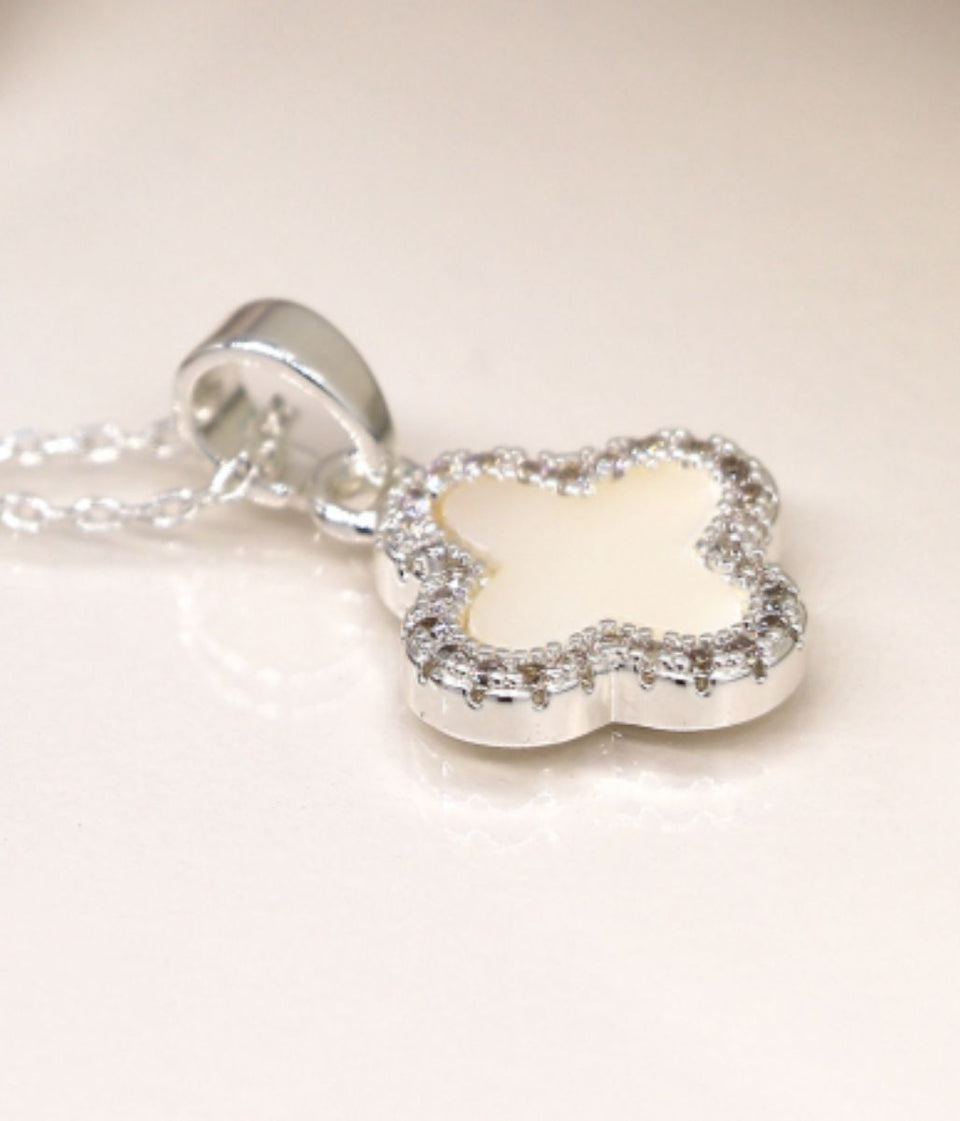 POM Silver Crystal Edged Clover Necklace