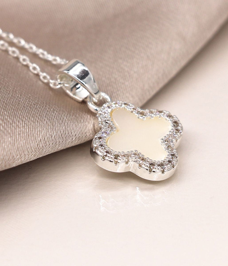 POM Silver Crystal Edged Clover Necklace