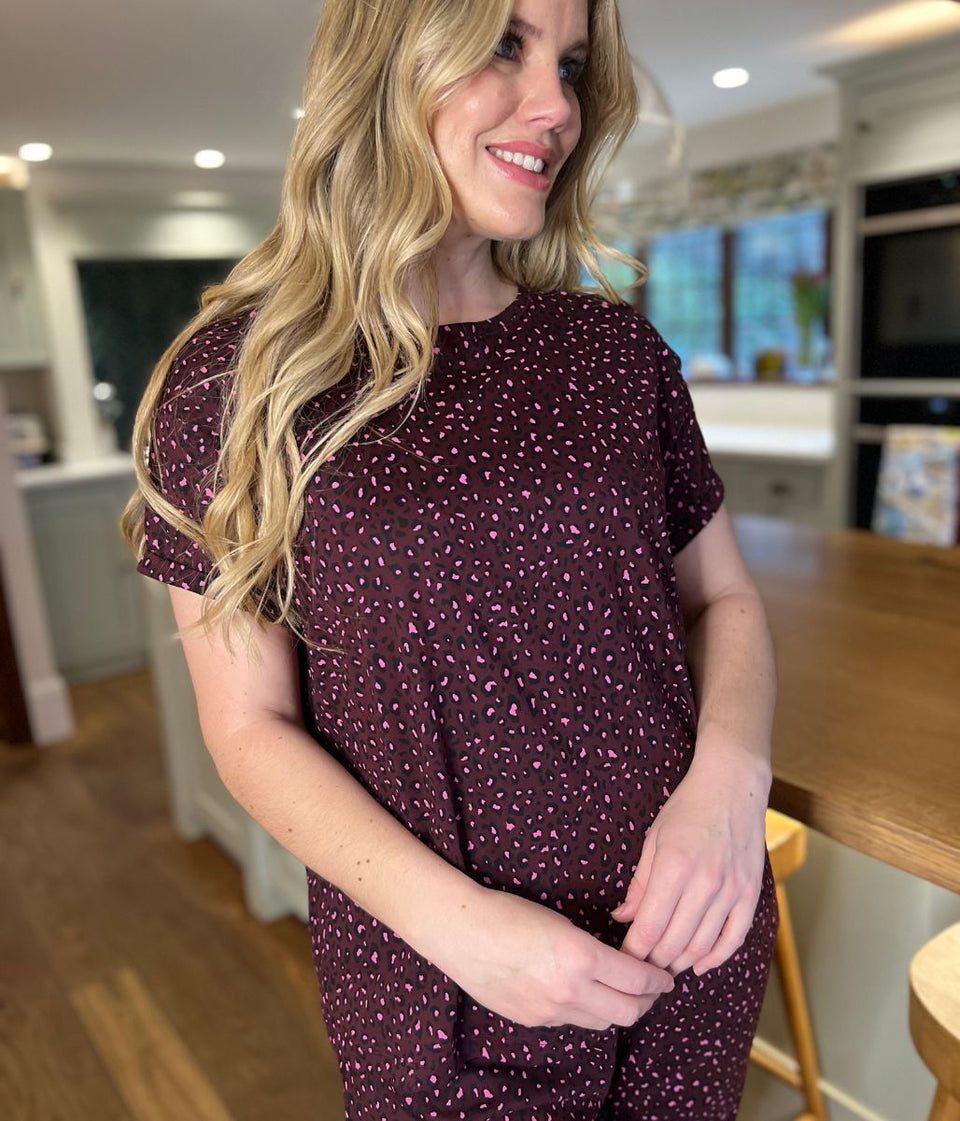 Burgundy Animal Cotton Printed Pyjama Set