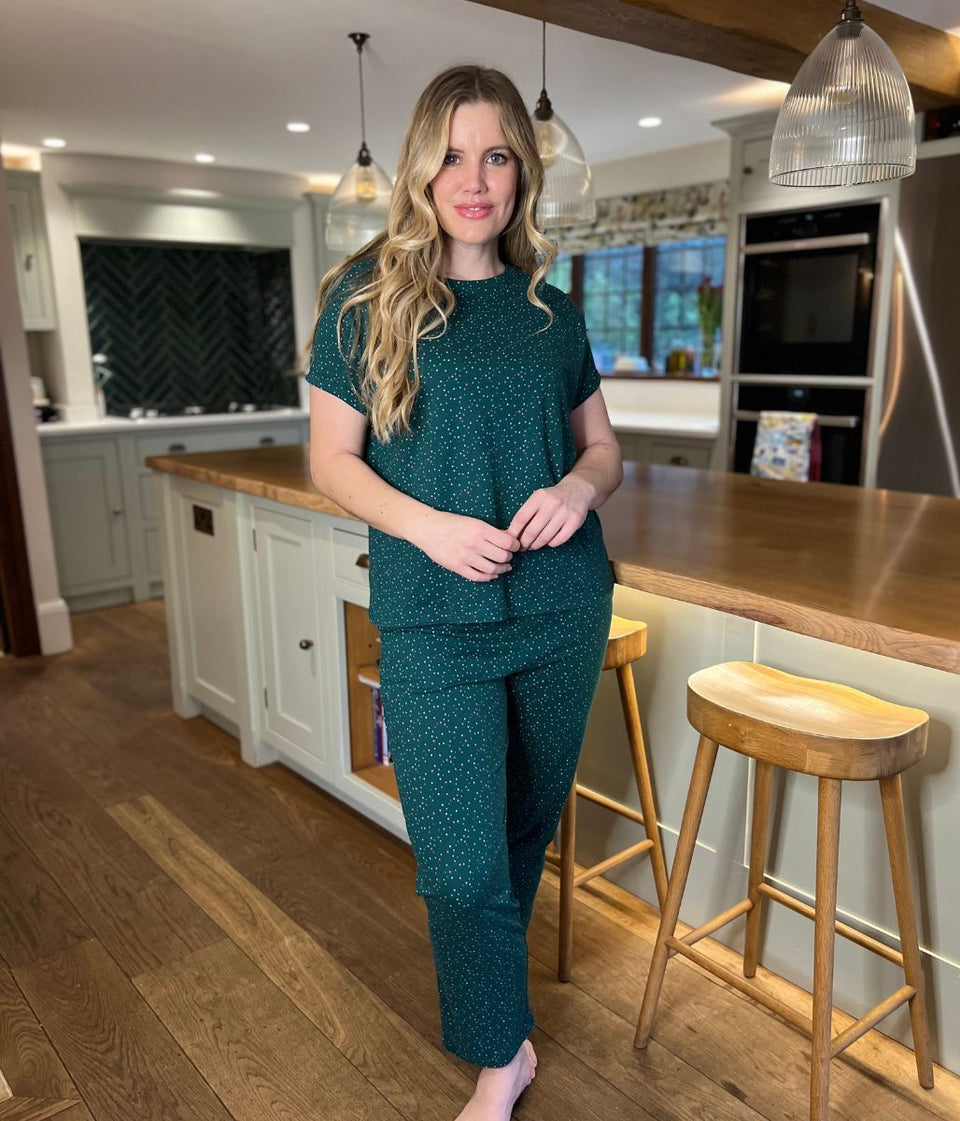 Green Speckled Cotton Printed Pyjama Set