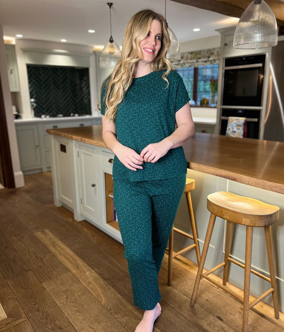 Green Speckled Cotton Printed Pyjama Set