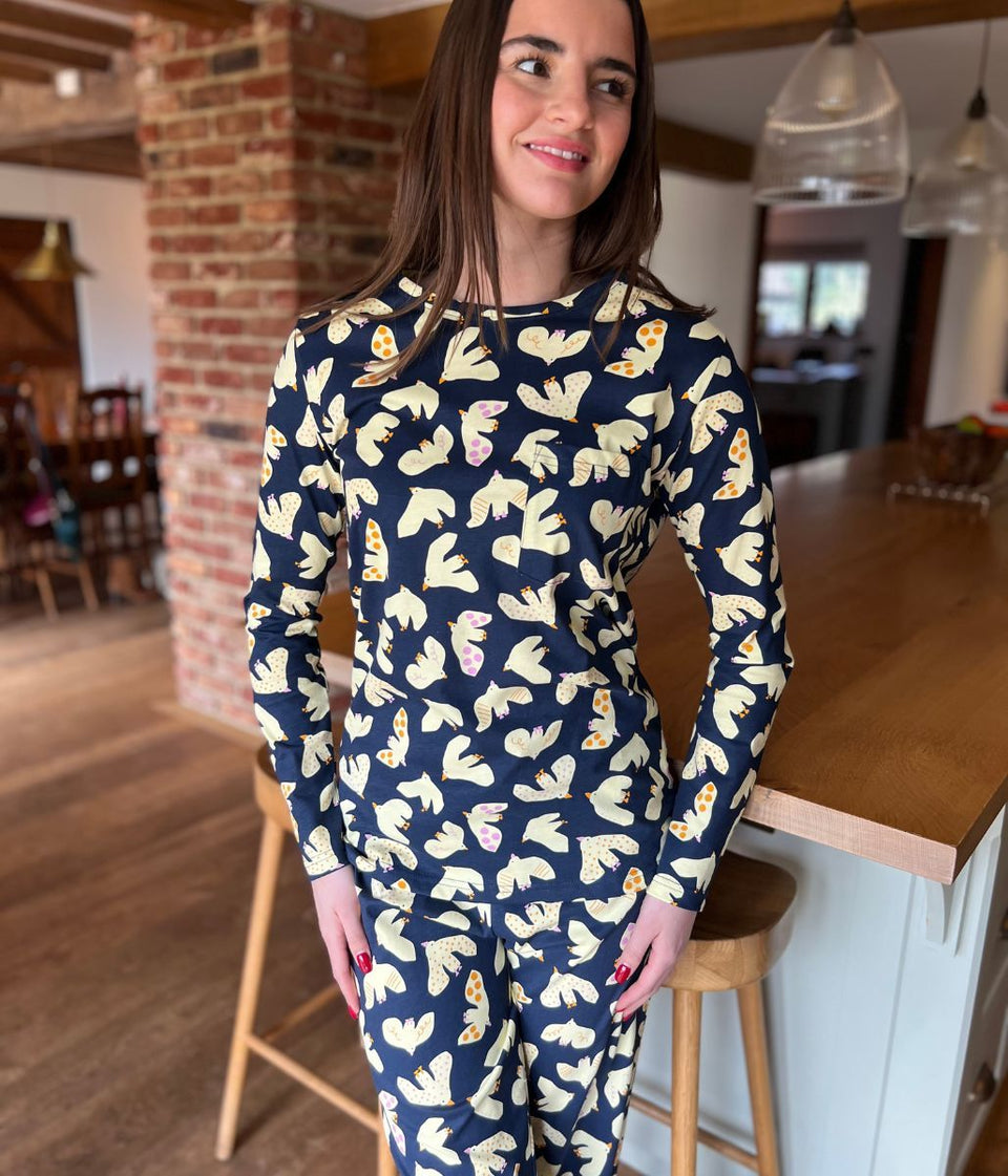 Navy Dove Print Cotton Pyjama Set