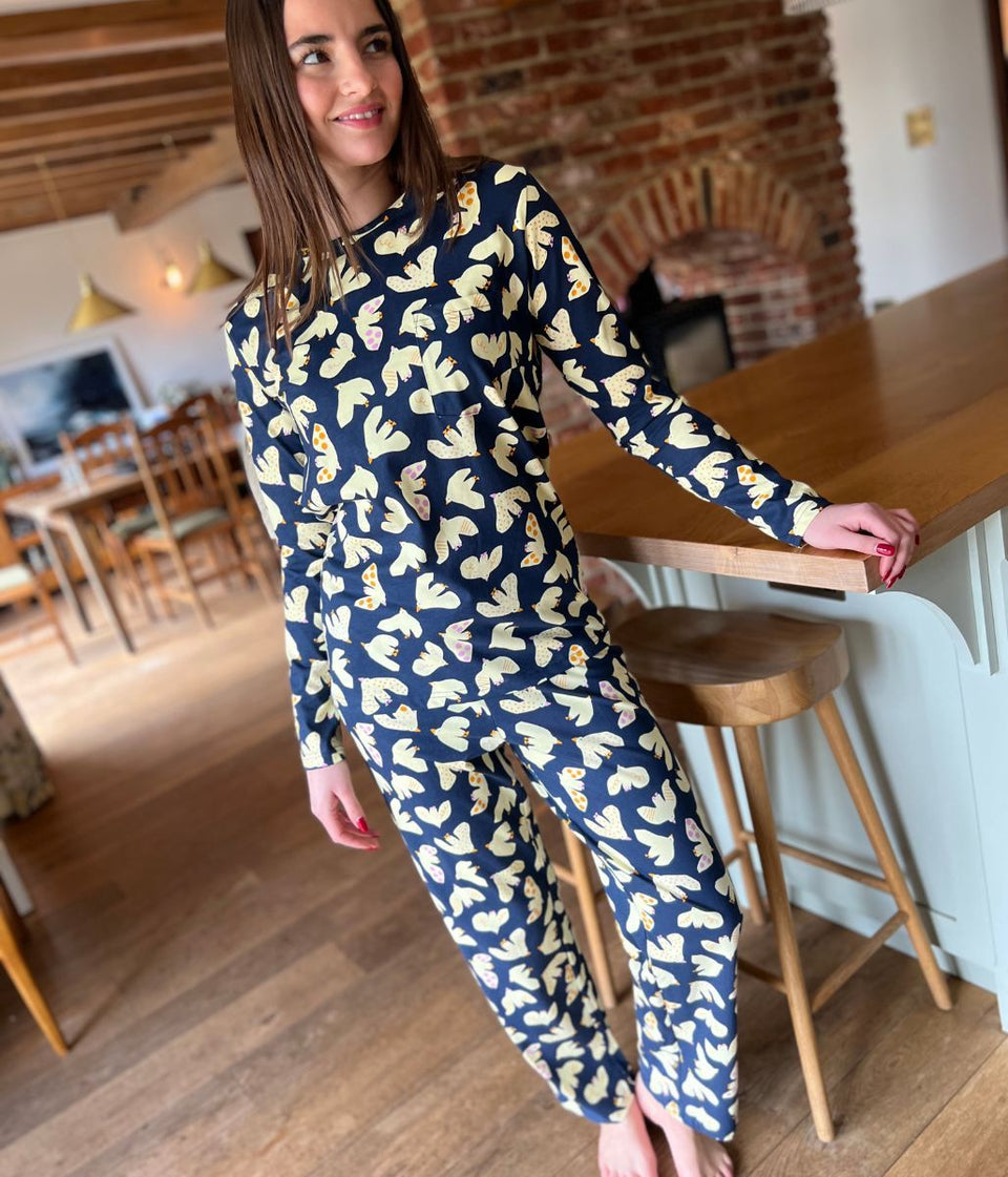 Navy Dove Print Cotton Pyjama Set