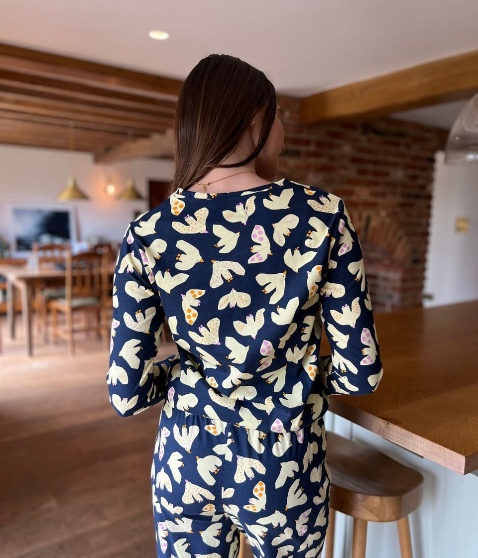 Navy Dove Print Cotton Pyjama Set