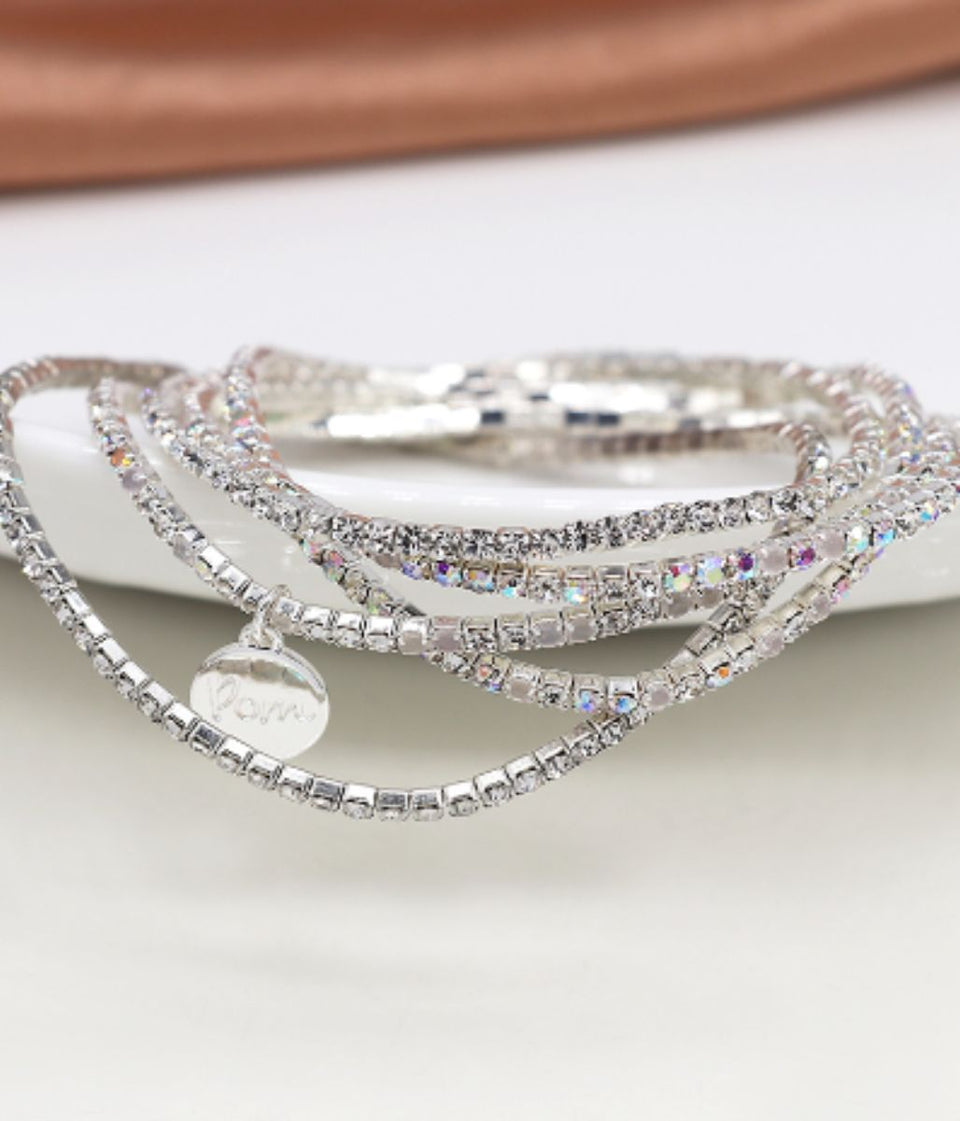 POM Silver Plated Clear Crystal 5 Bracelet Stack