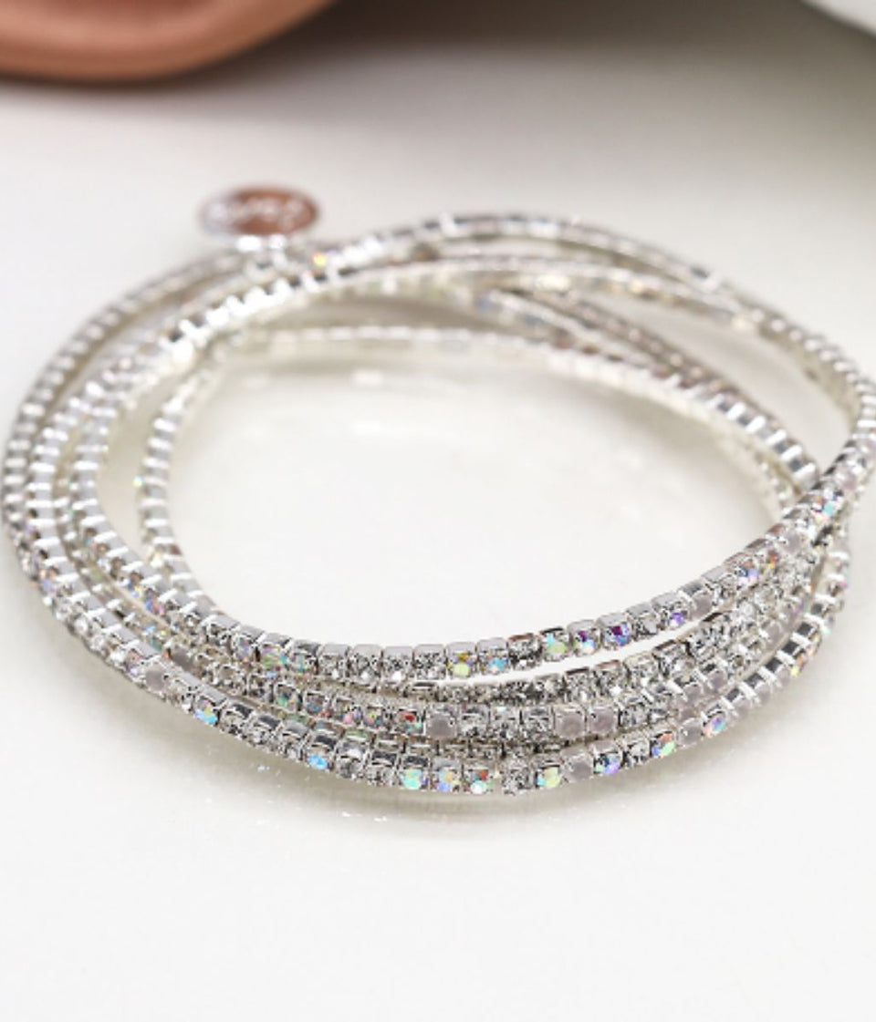 POM Silver Plated Clear Crystal 5 Bracelet Stack