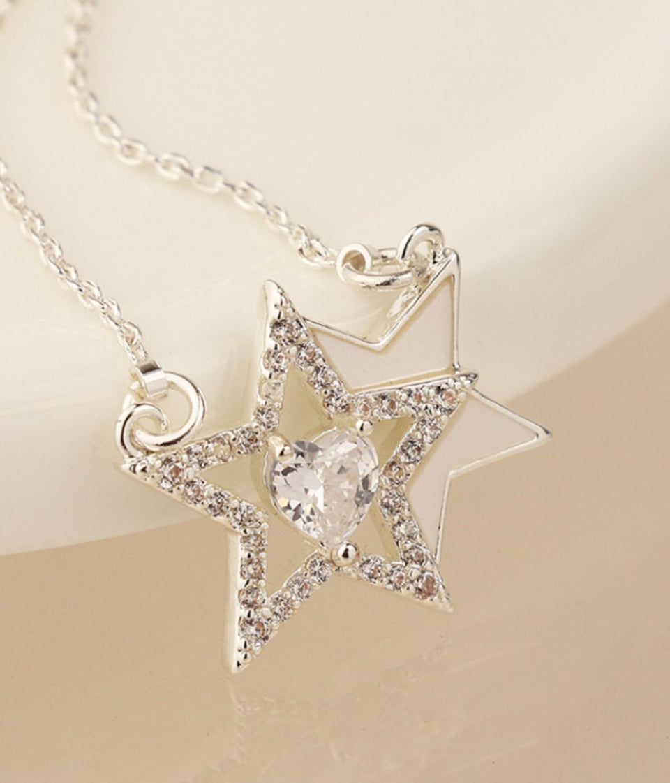 POM Double Star & Crystal Heart Necklace