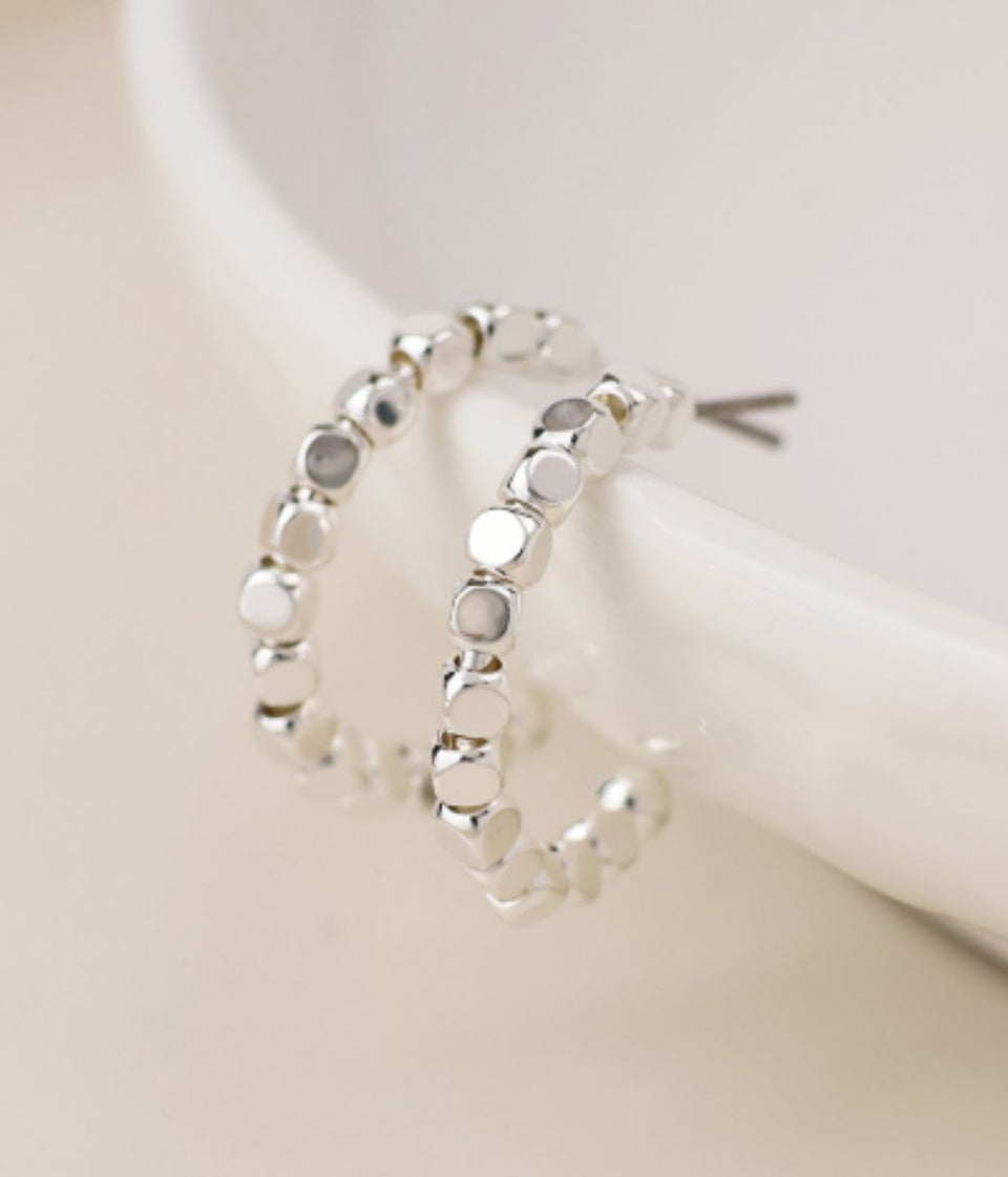 POM Silver Cube Bead Hoop Earrings