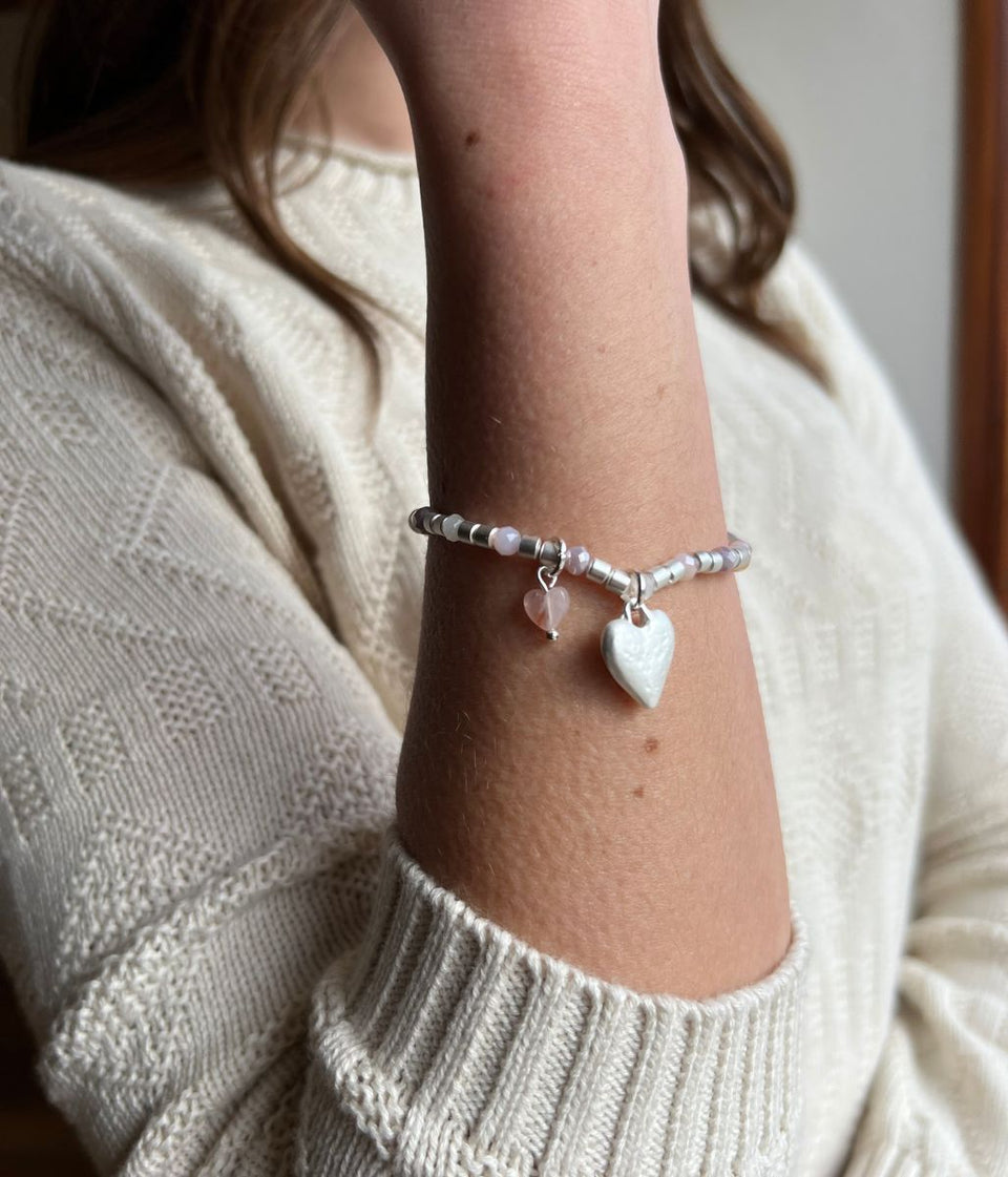 Silver Heart Charm Beaded Bracelet