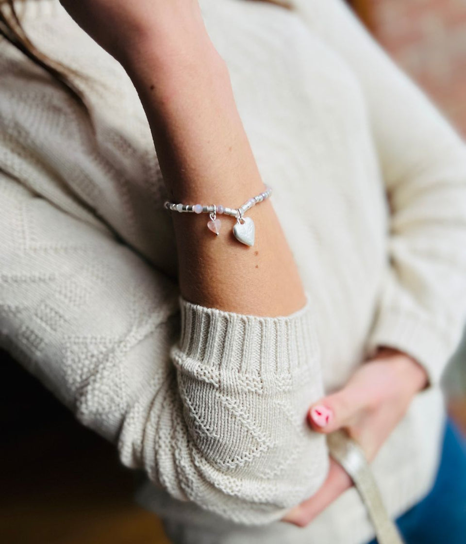 Silver Heart Charm Beaded Bracelet