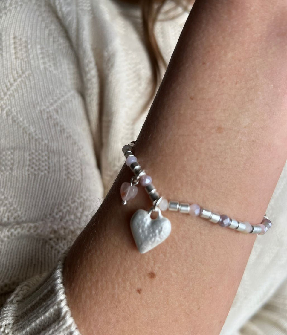 Silver Heart Charm Beaded Bracelet
