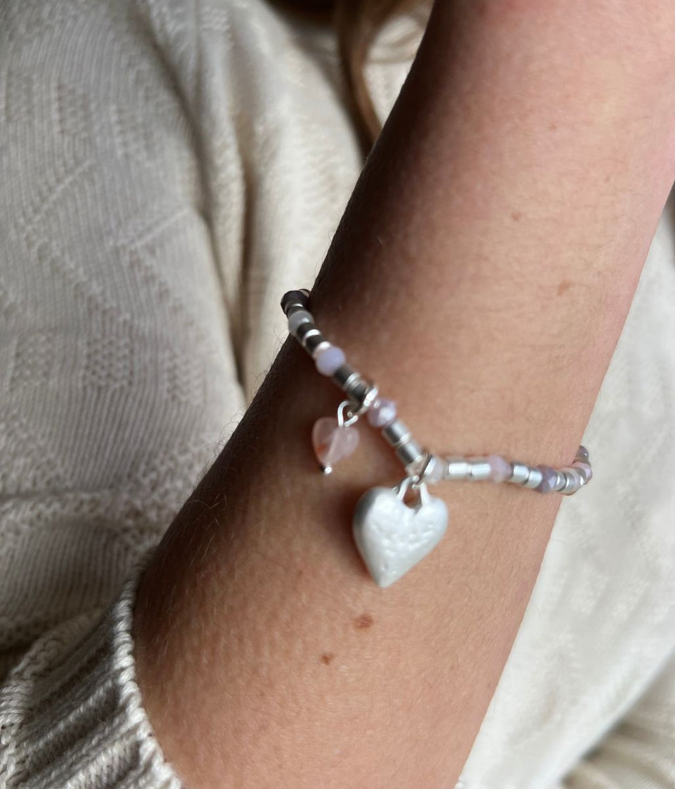 Silver Heart Charm Beaded Bracelet