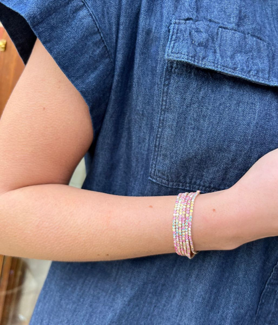 Pink Crystal Beaded Six Bracelet Stack