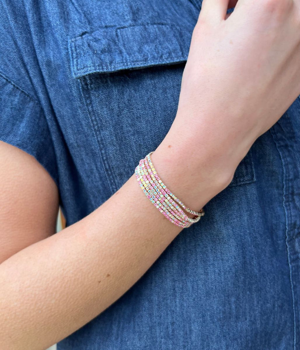 Pink Crystal Beaded Six Bracelet Stack