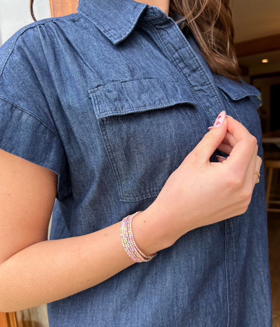 Pink Crystal Beaded Six Bracelet Stack