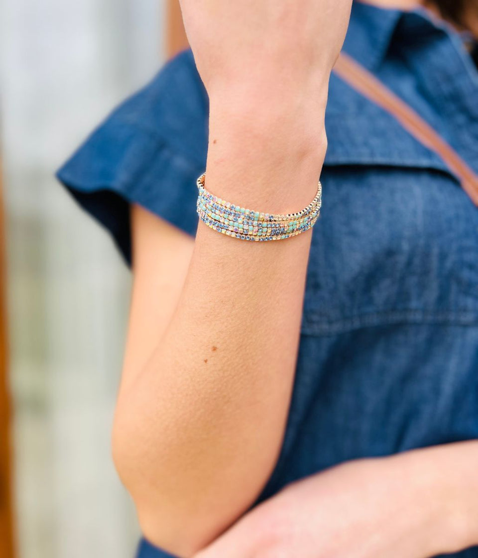 Blue Crystal Beaded Six Bracelet Stack