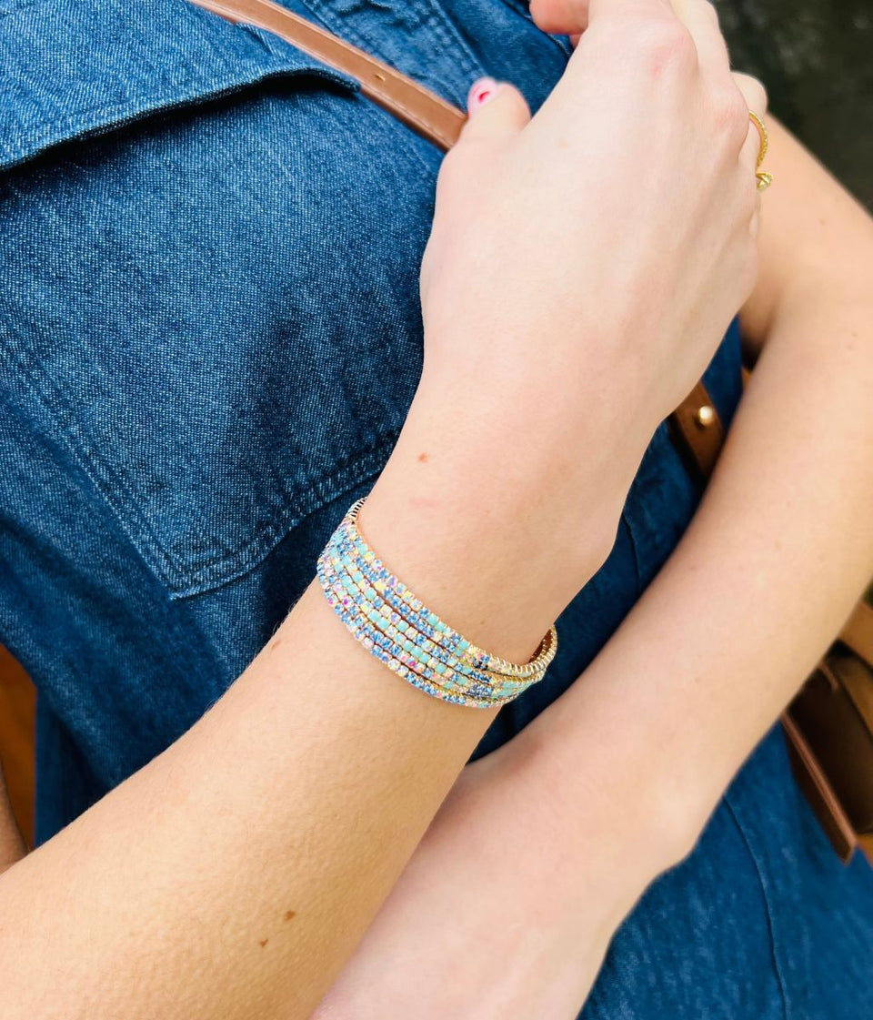 Blue Crystal Beaded Six Bracelet Stack
