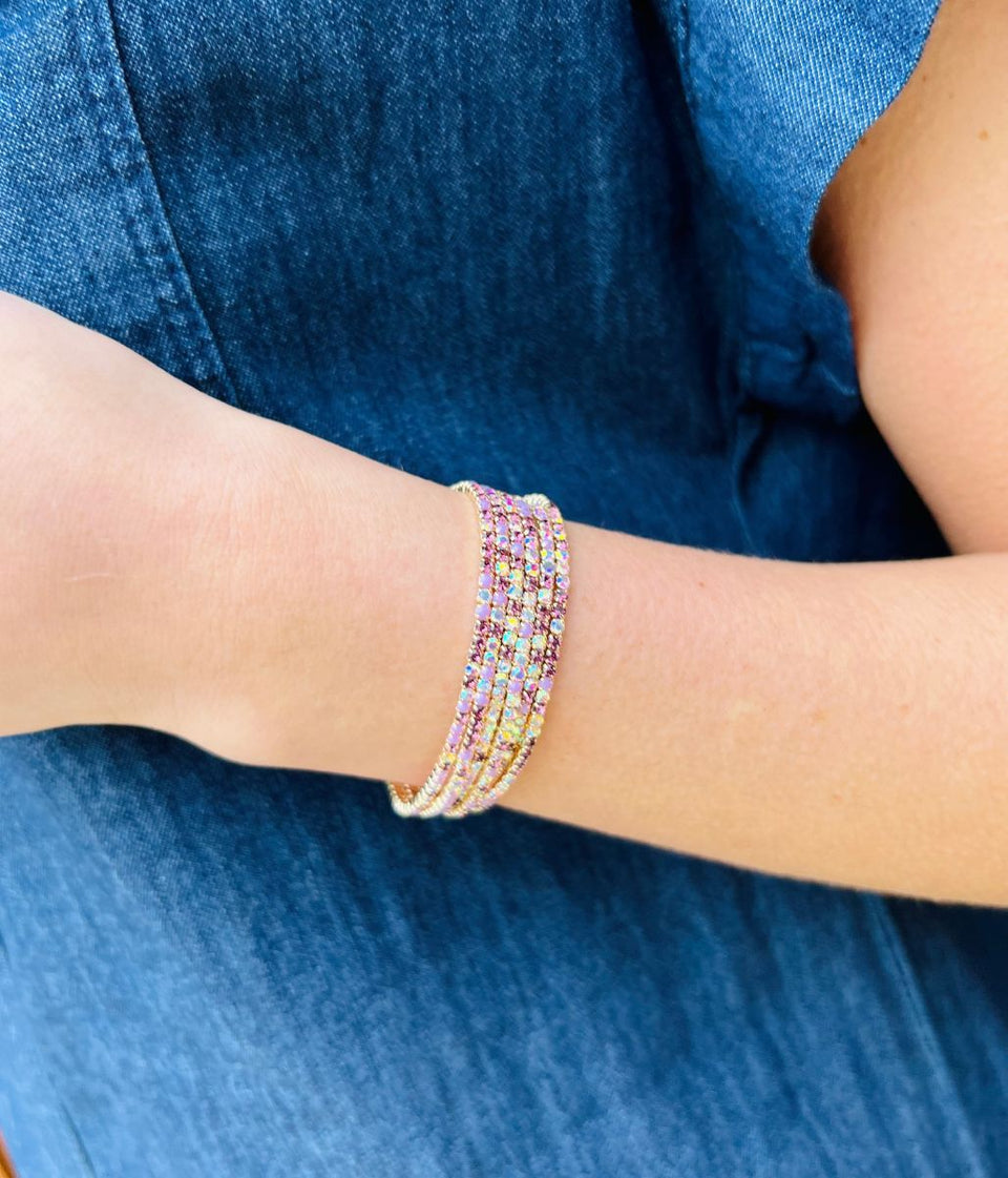 Purple Crystal Beaded Six Bracelet Stack