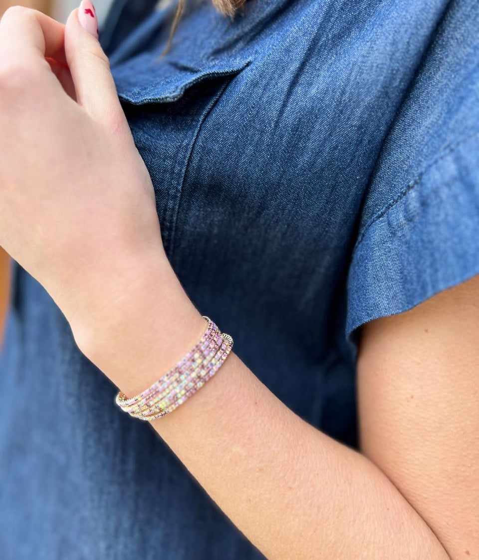 Purple Crystal Beaded Six Bracelet Stack