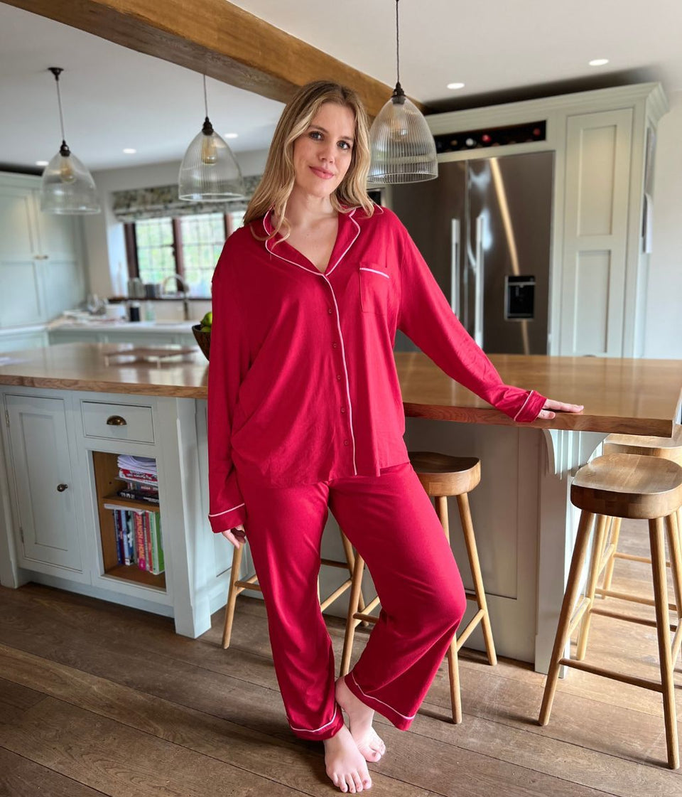 Red Cotton Modal Revere Pyjama Set