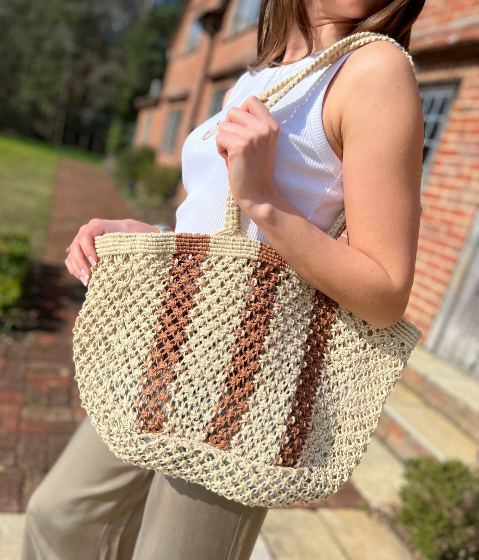 Estie Cream Striped Woven Tote Bag