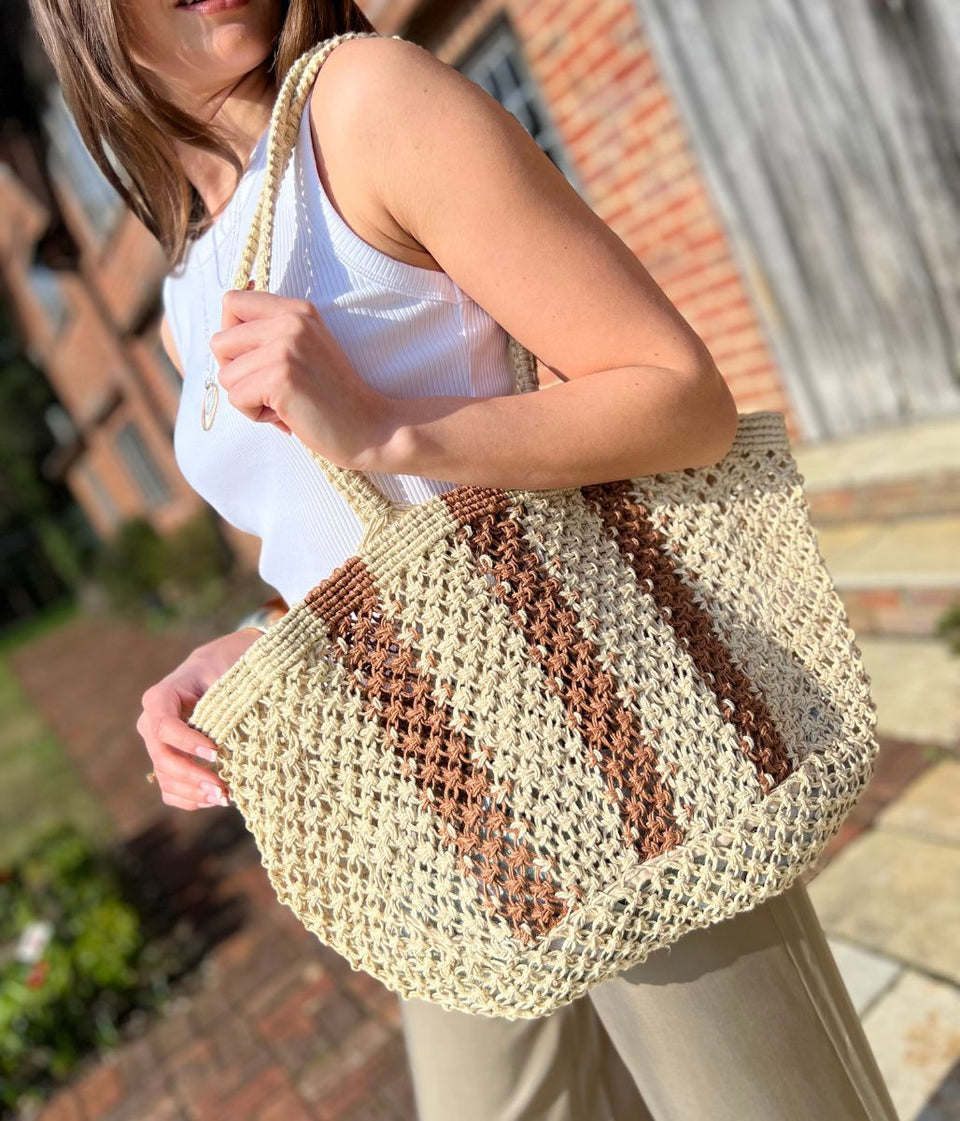 Estie Cream Striped Woven Tote Bag