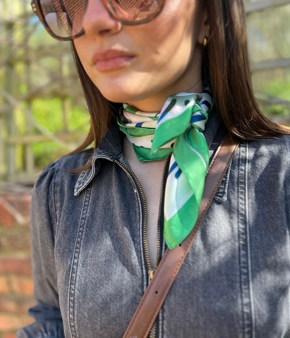 Green Retro Cherry Blossom Print Square Scarf