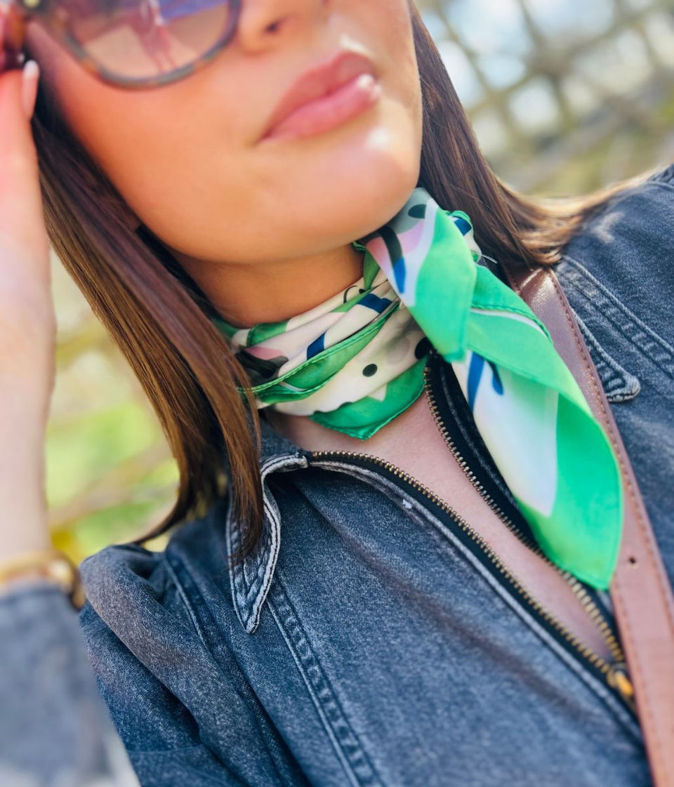 Green Retro Cherry Blossom Print Square Scarf