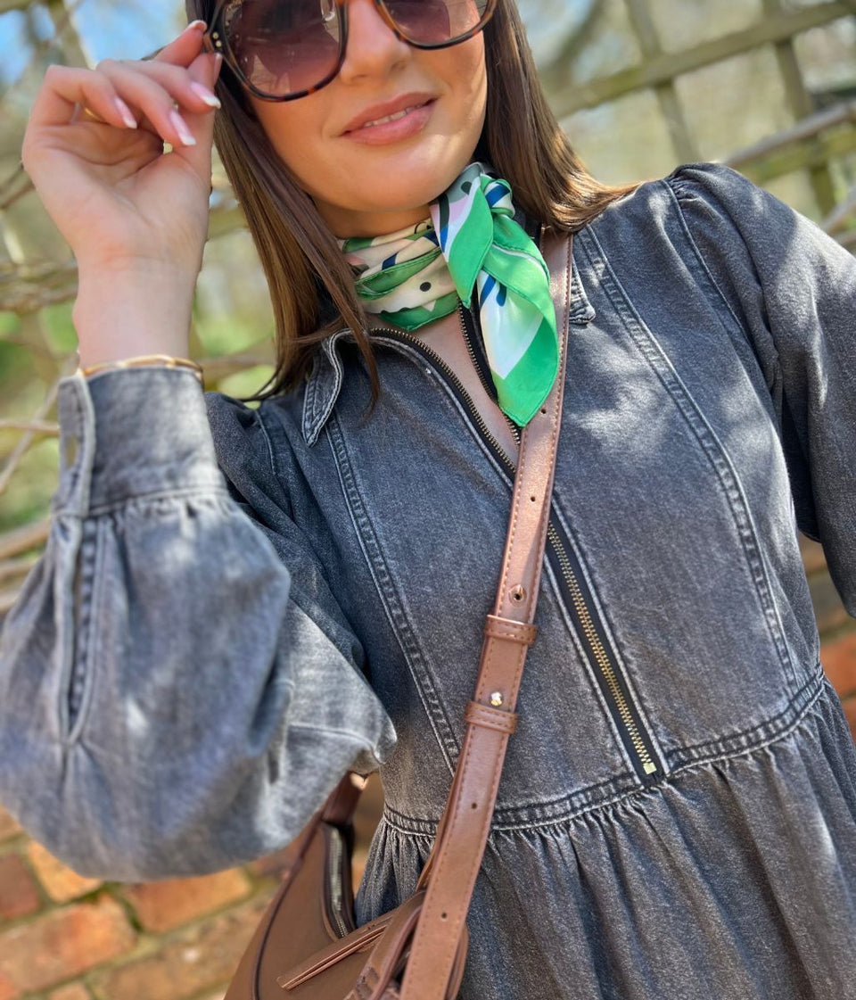 Green Retro Cherry Blossom Print Square Scarf