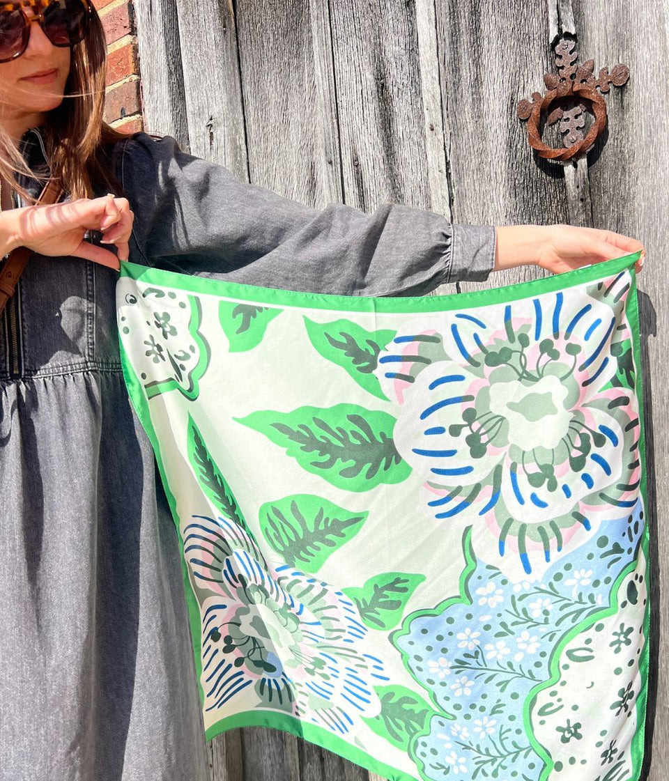Green Retro Cherry Blossom Print Square Scarf