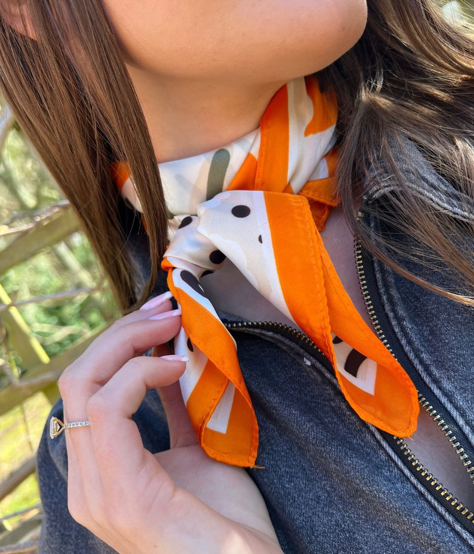 Orange Retro Cherry Blossom Print Square Scarf