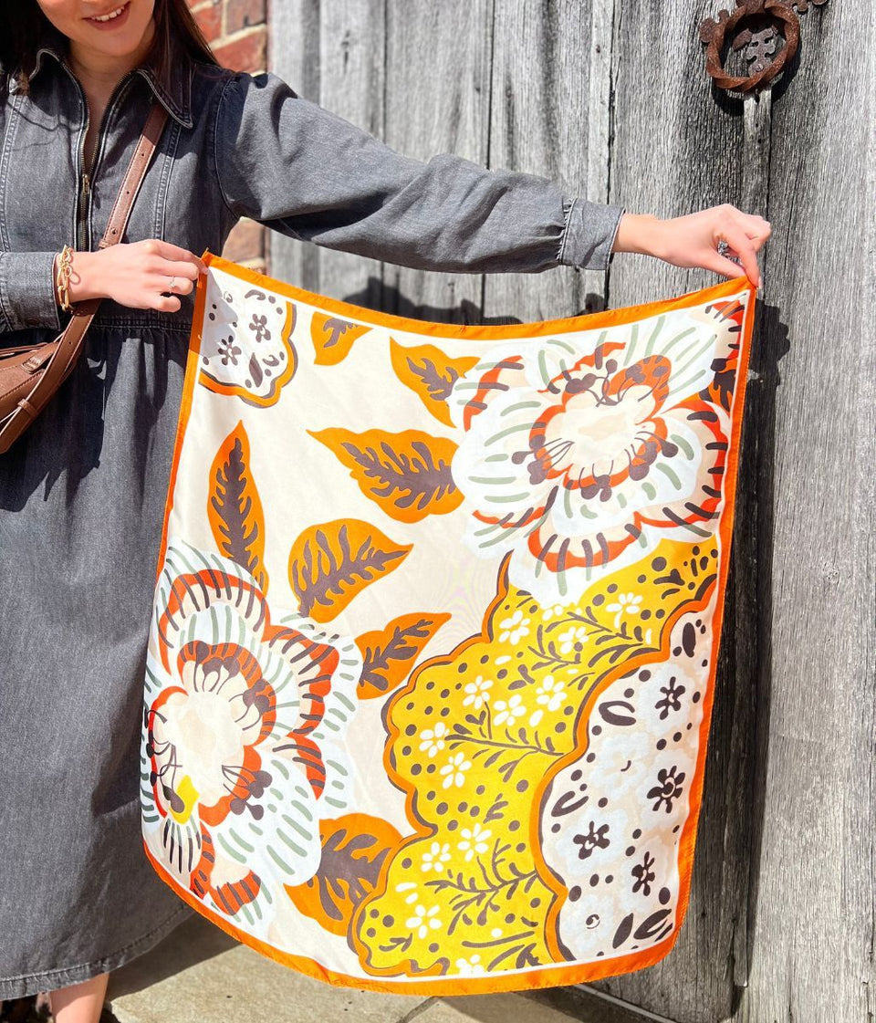 Orange Retro Cherry Blossom Print Square Scarf