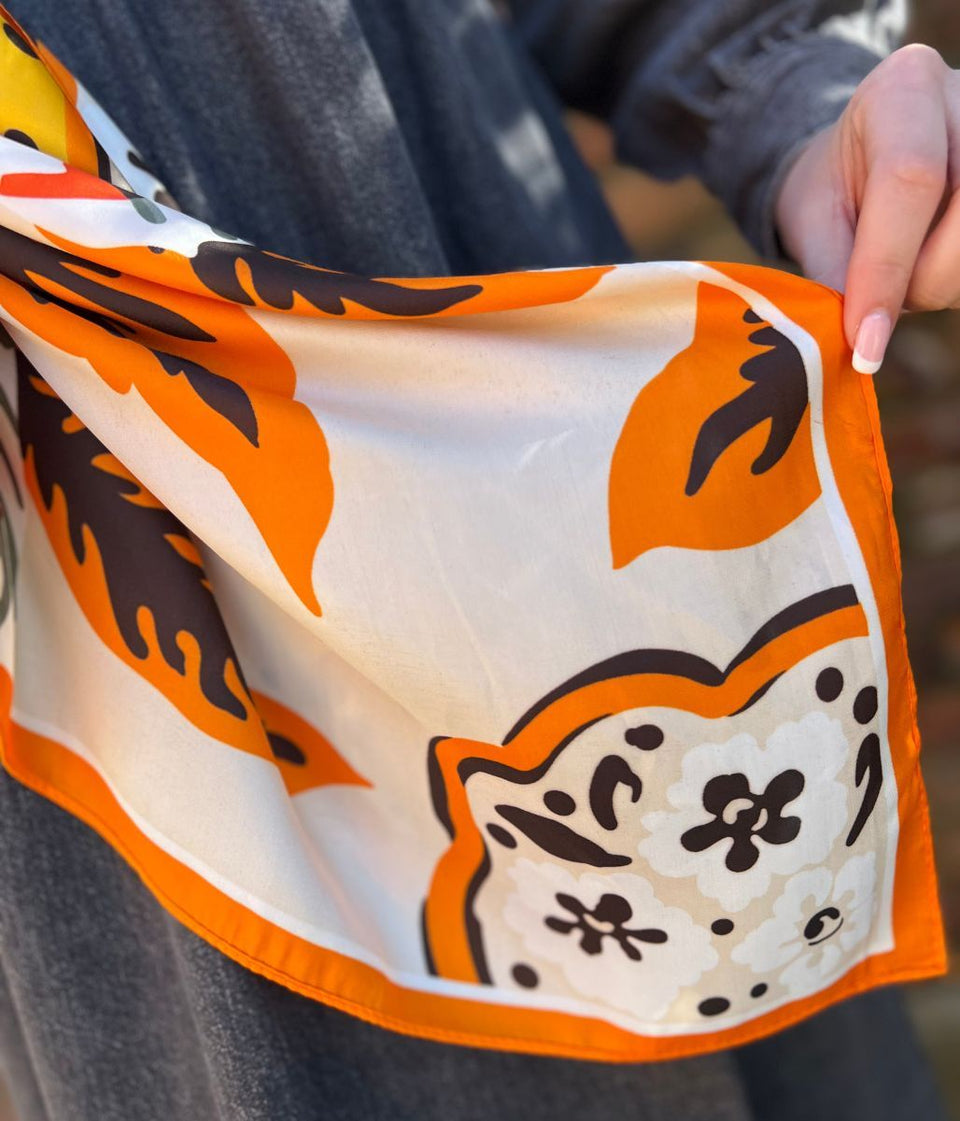 Orange Retro Cherry Blossom Print Square Scarf