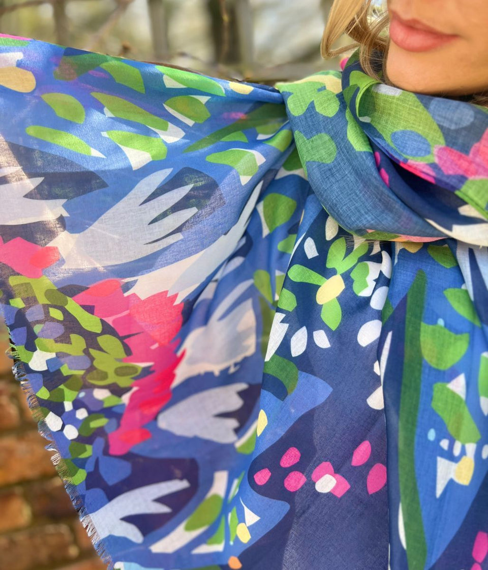 Abstract Floral Frayed Edge Scarf