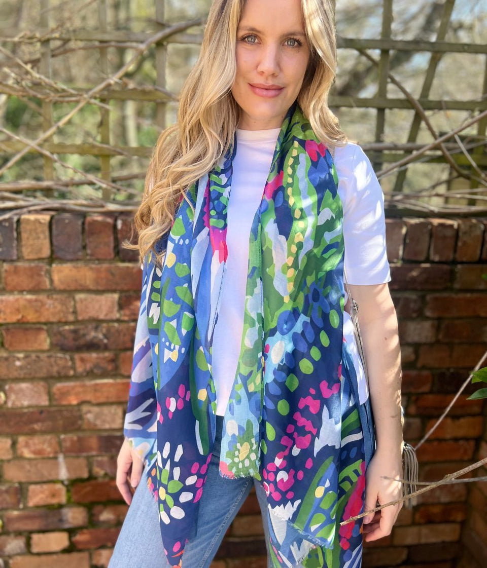 Abstract Floral Frayed Edge Scarf