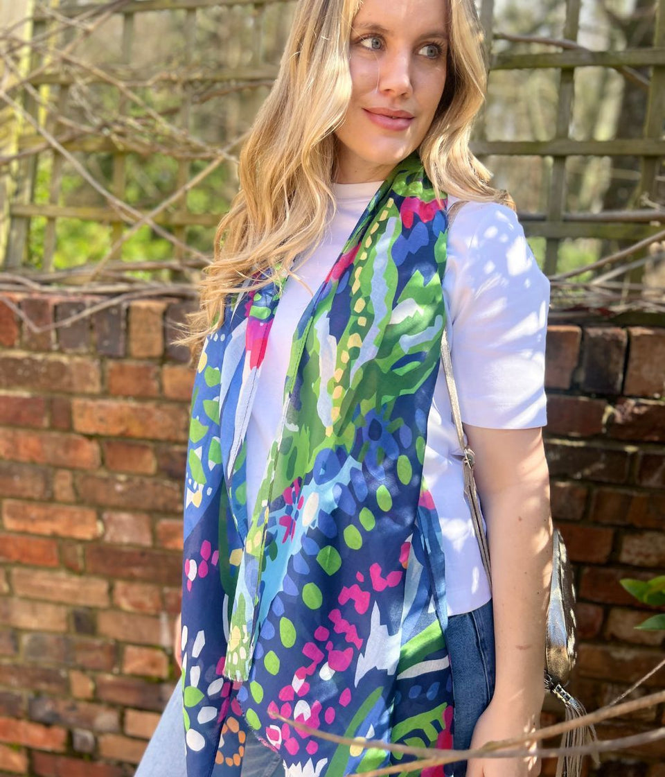 Abstract Floral Frayed Edge Scarf