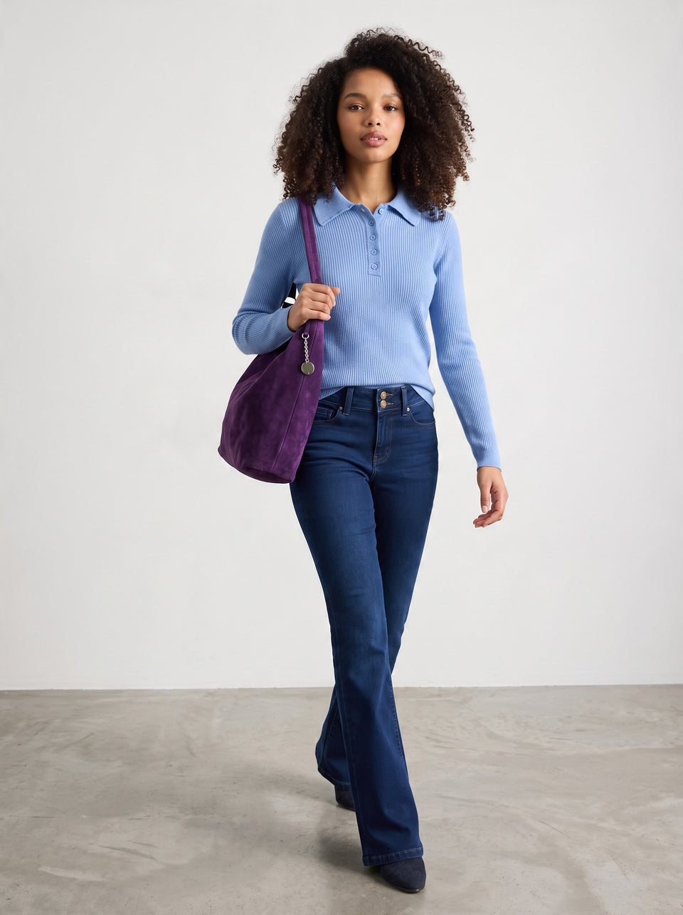 Blue Ribbed Button Collared Jumper