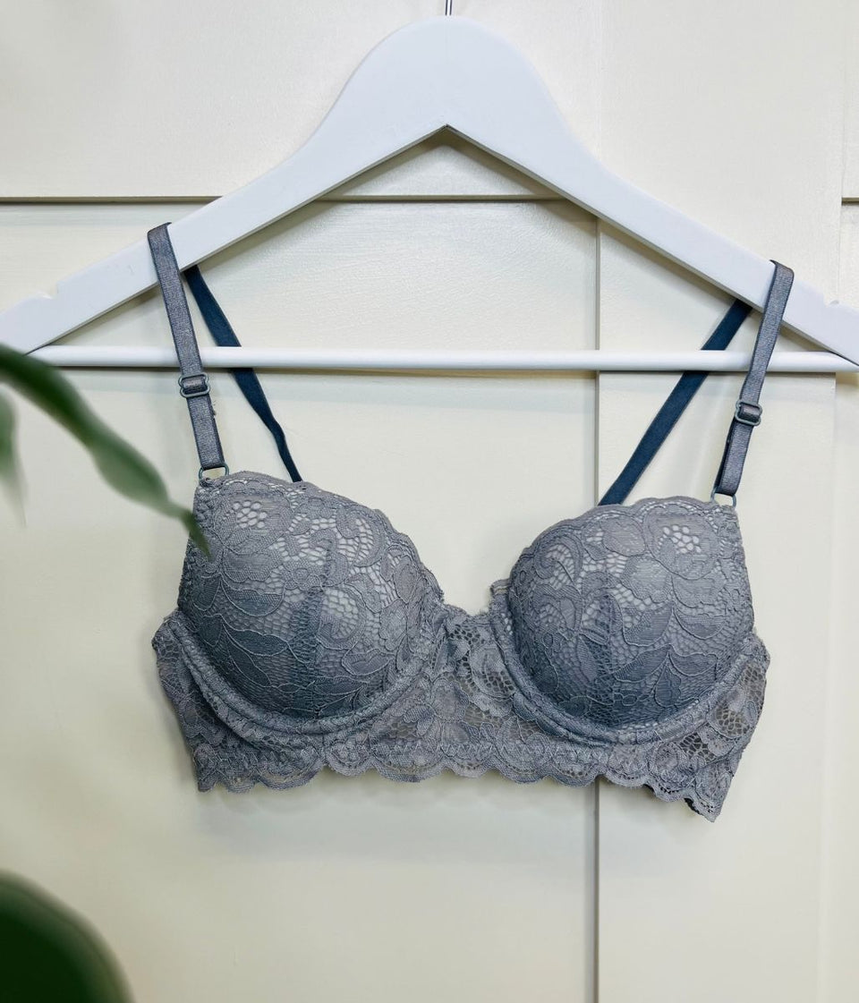 Grey Delicate Lace Padded Wired Bra