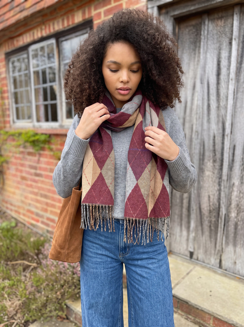 Burgundy Argyle Diamond Reversible Wool Blend Scarf
