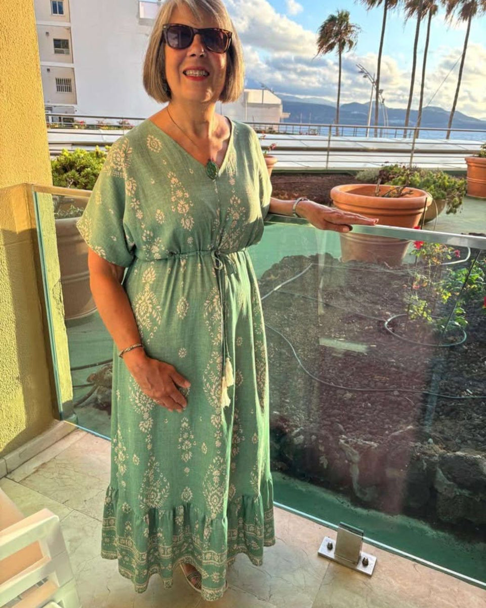 Sage Green Boho Print Midi Sundress