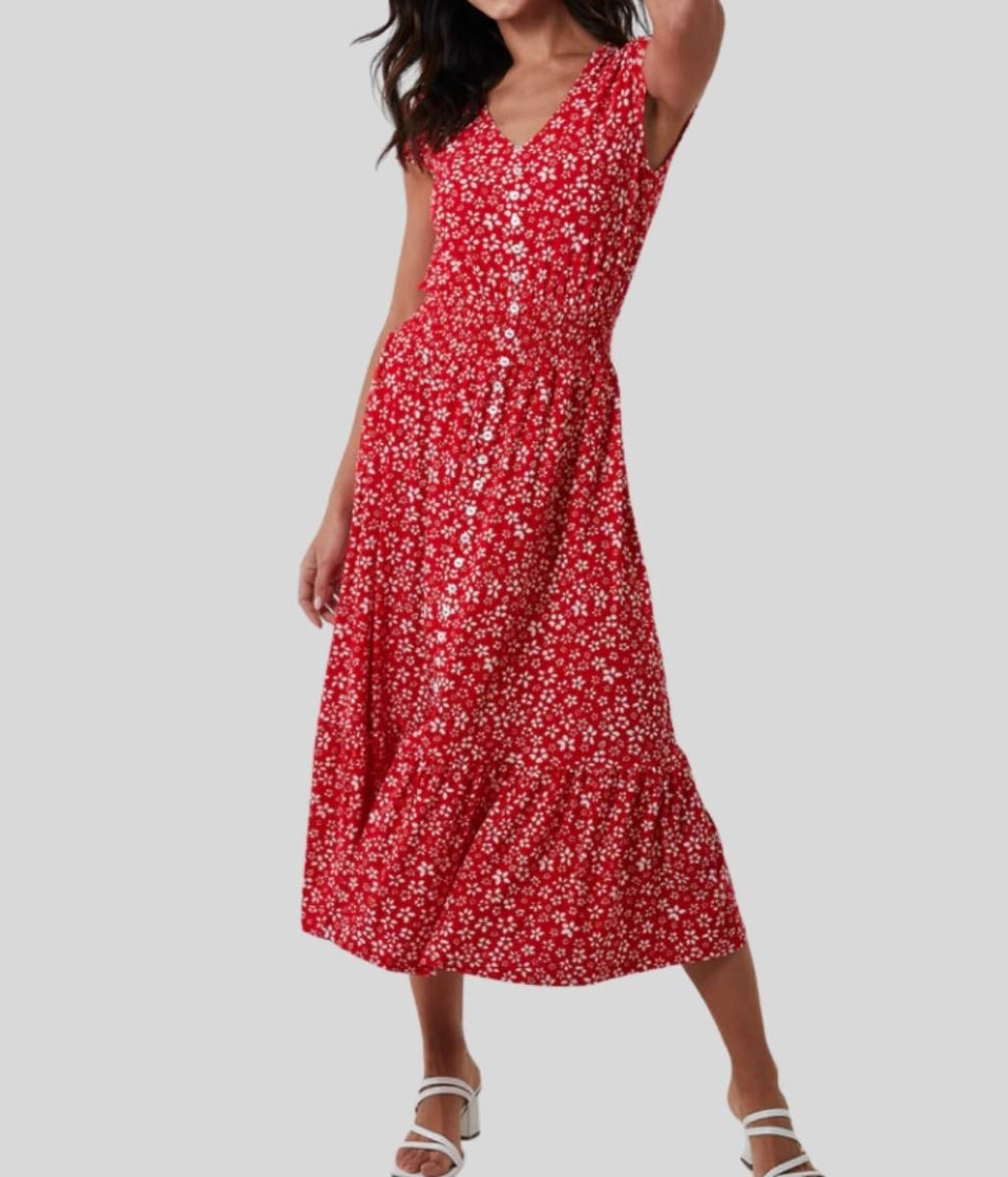 Red Ditsy Button Through Midi Dress