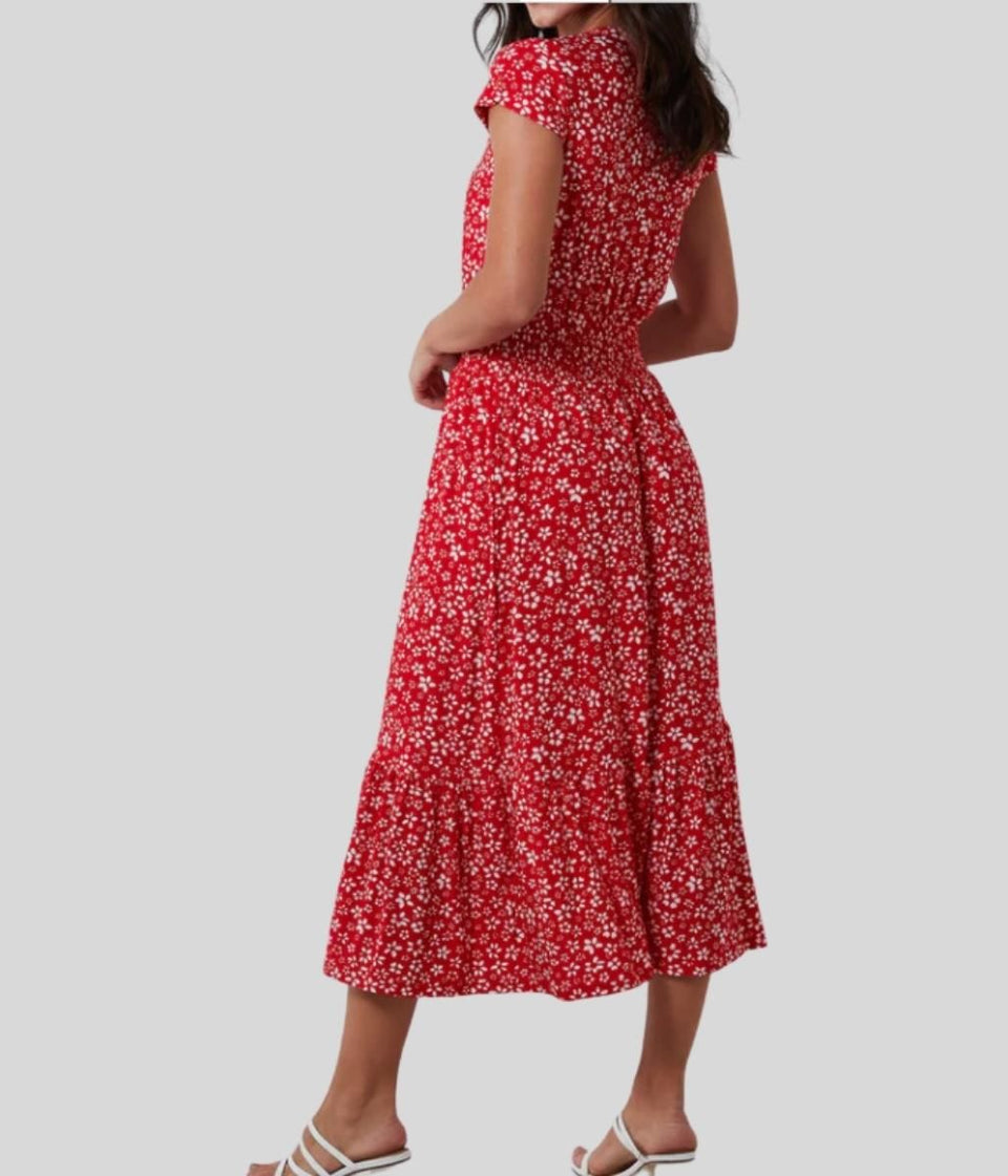 Red Ditsy Button Through Midi Dress