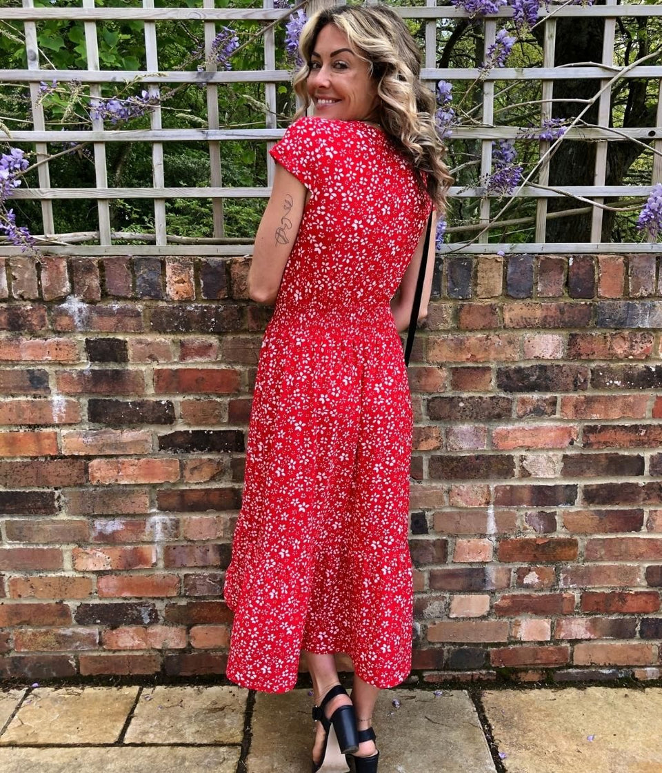 Red Ditsy Button Through Midi Dress