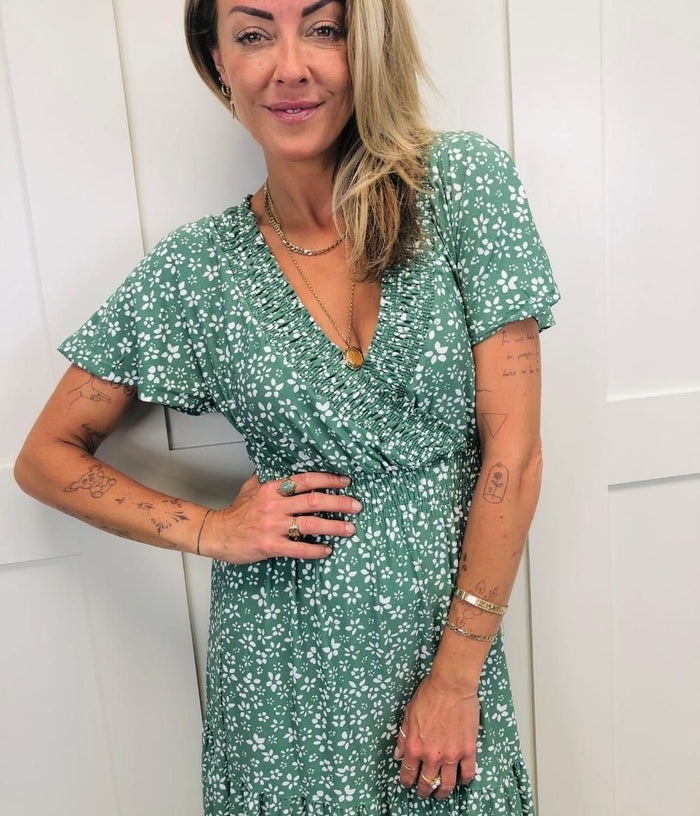 Green Ditsy Shirred Wrap Dress – Highstreet Outlet UK