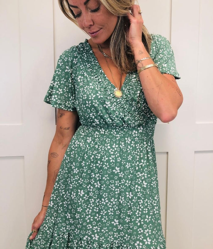 Green Ditsy Shirred Wrap Dress – Highstreet Outlet UK