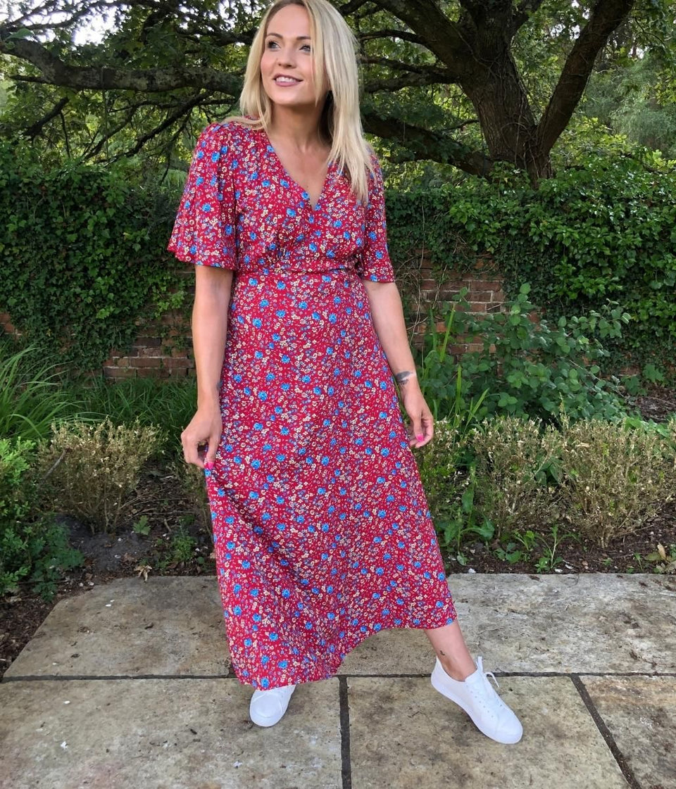 Red Floral Cecile Midi Dress