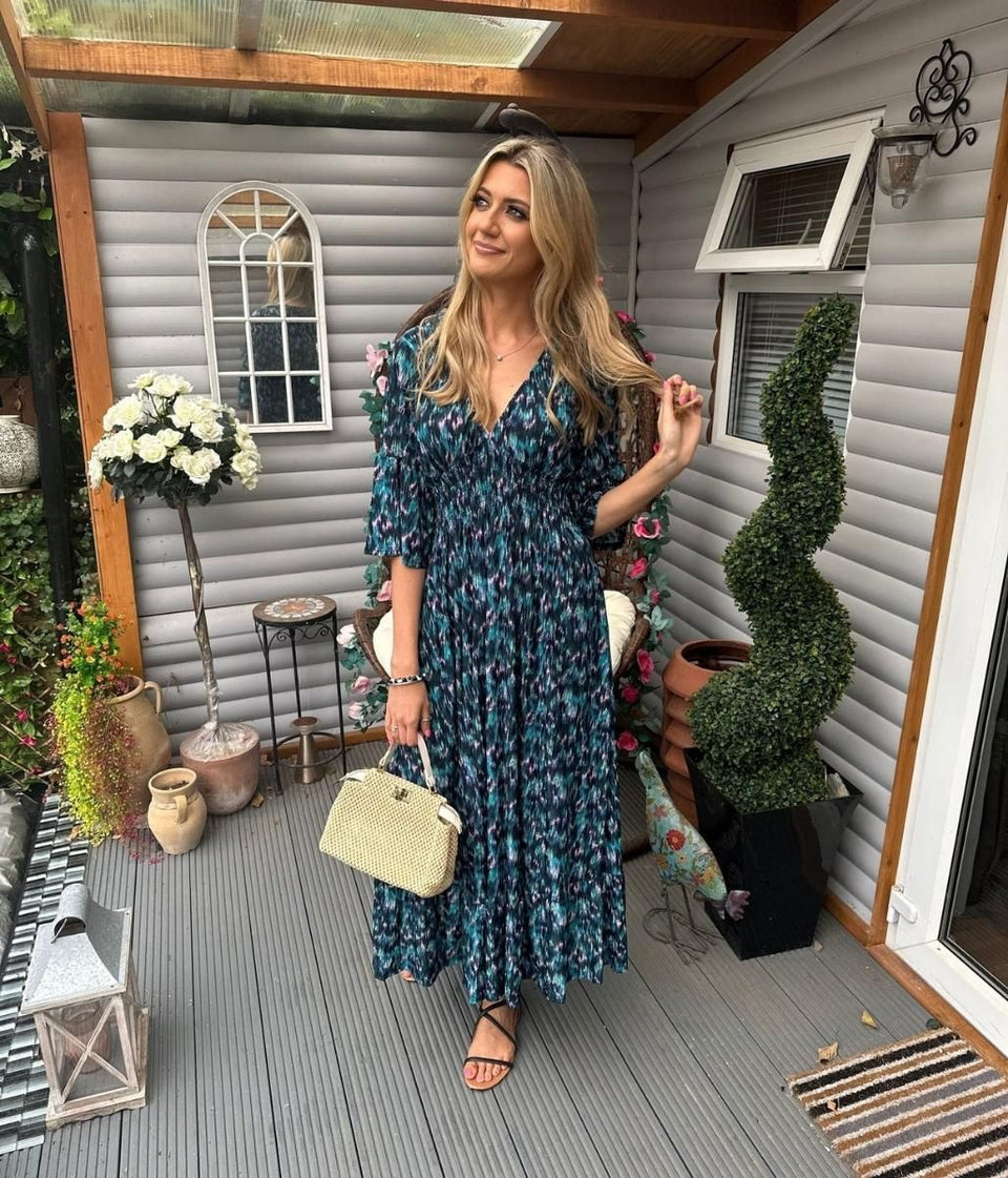 Blue Ikat Shirred Waist Midi Dress