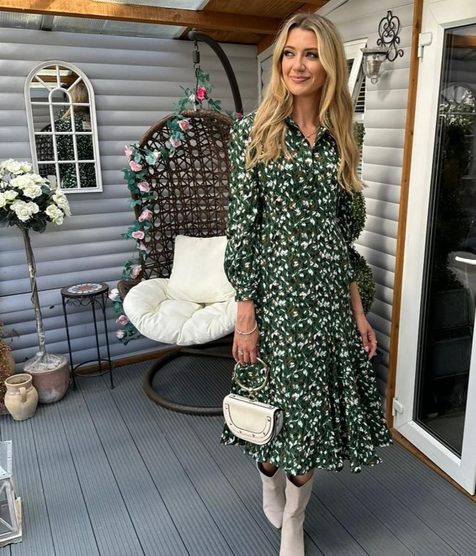 Green Godet Hem Shirt Dress