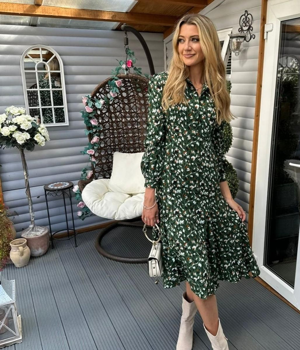 Green Godet Hem Shirt Dress