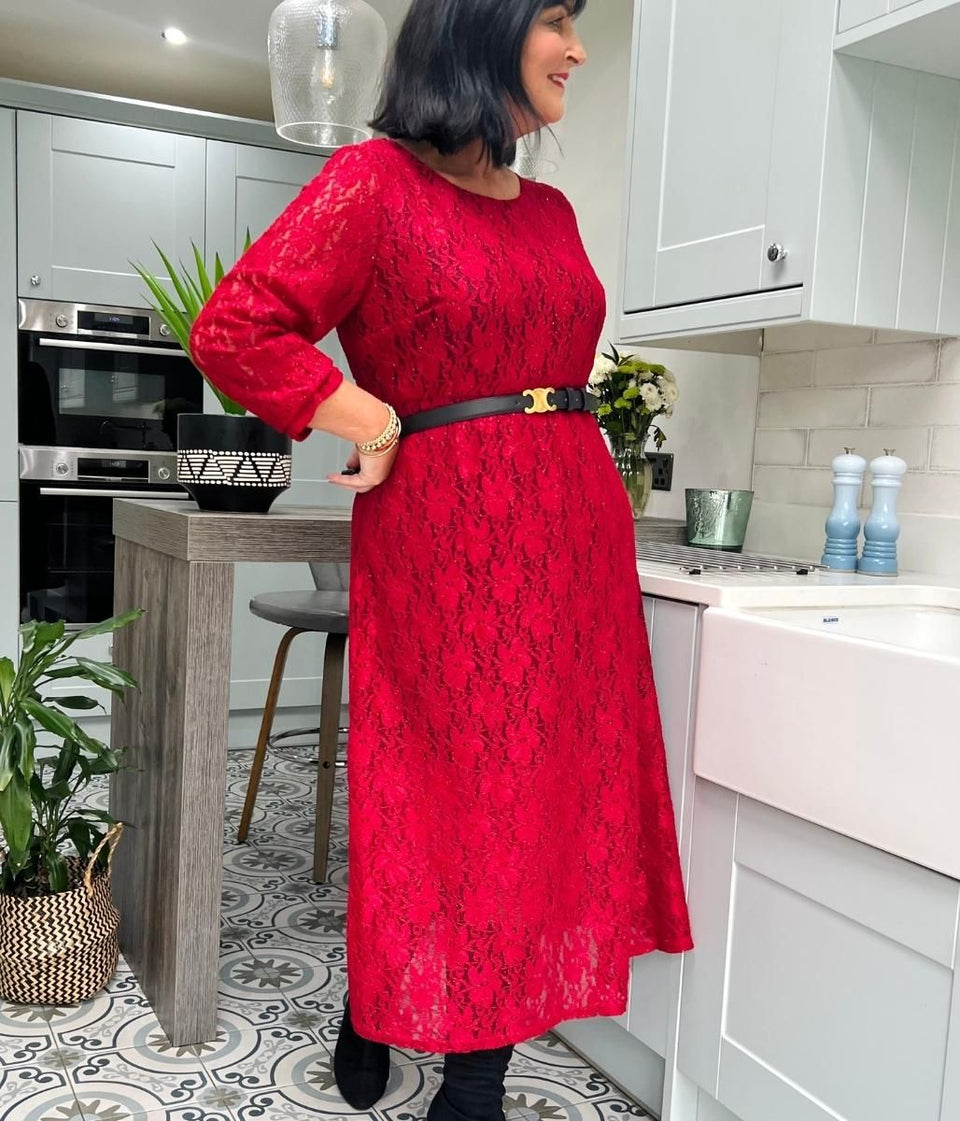 Red Lace Overlay Midi Dress